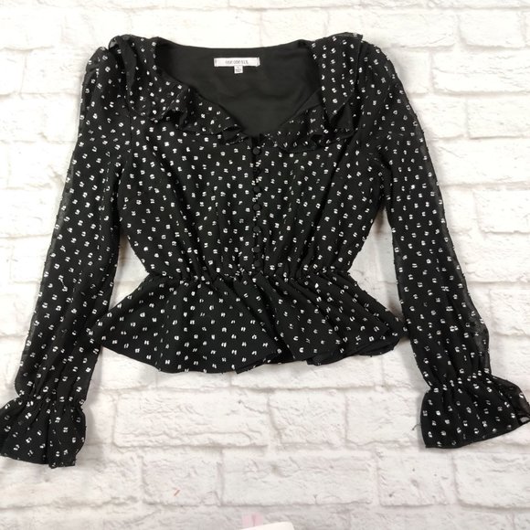 One One Six womens puff long sleeve button up ruffled top black silver dot sz S - Picture 1 of 6